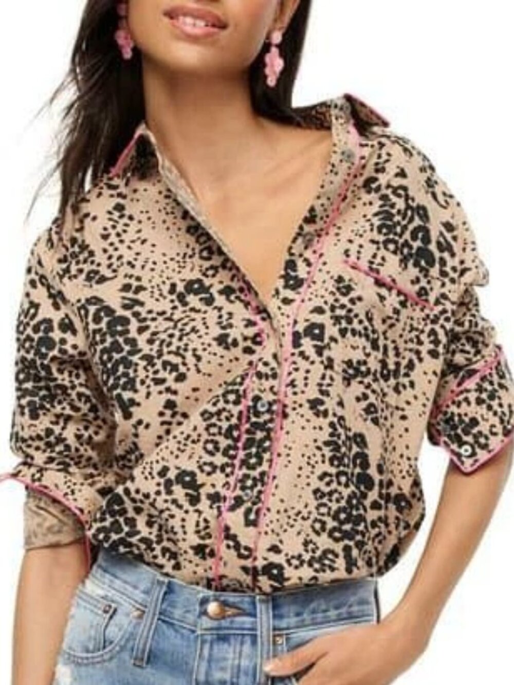 J. Crew Tan and Black Leopard Print Shirt with Pink Trim XXS